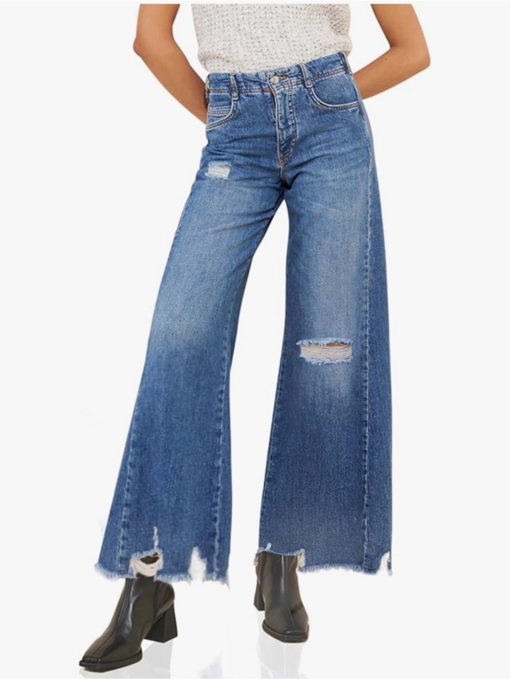 Wide Leg Distressed Women's Jeans in Blue